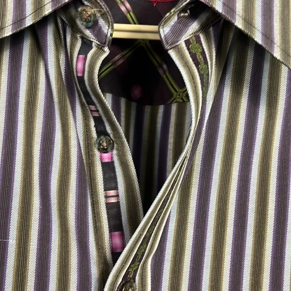 Robert Graham Shirt Mens Large Purple Green Striped Cotton Long Sleeve